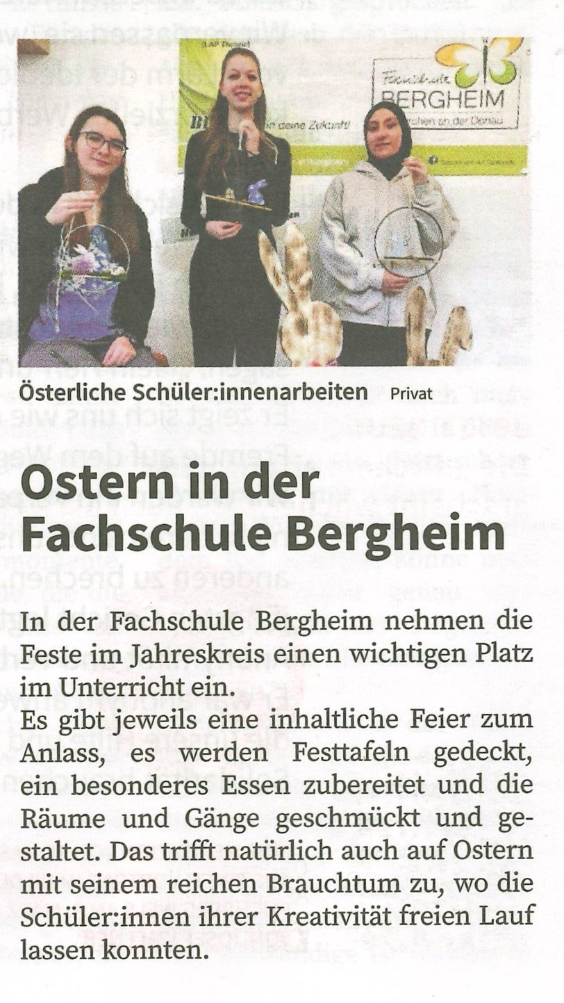 Zeitungsbericht über die Gestaltung der Osterfeier in der FS Bergheim